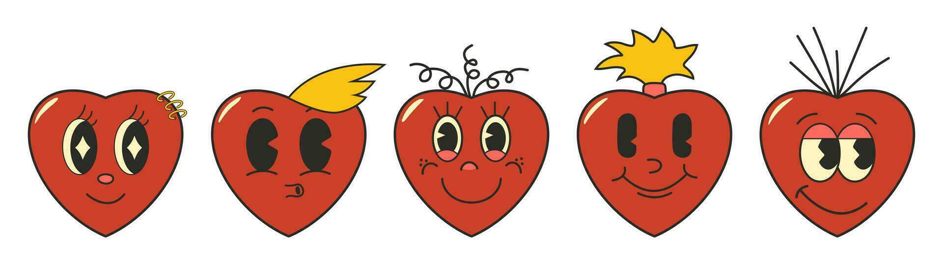 maravilloso hippie amor colocar. corazón gracioso dibujos animados personaje diferente ojos, peinado. contento San Valentín día concepto. retro 60s 70s estilo emojis y2k estético. romántico mascota. plano vector ilustración.