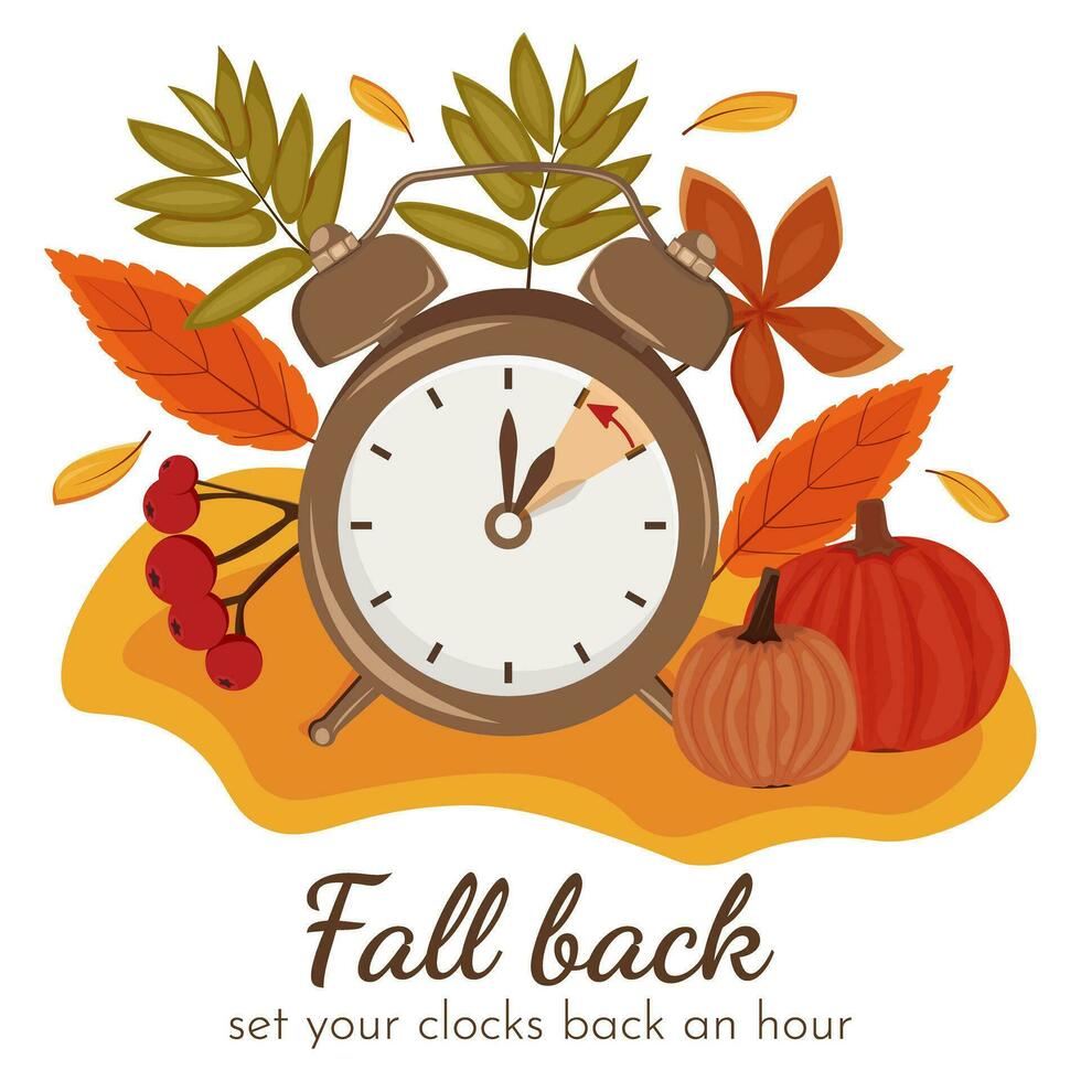 Daylight Saving Time concept. Autumn landscape with text Fall Back, the hand of the clocks turning to winter time. vector