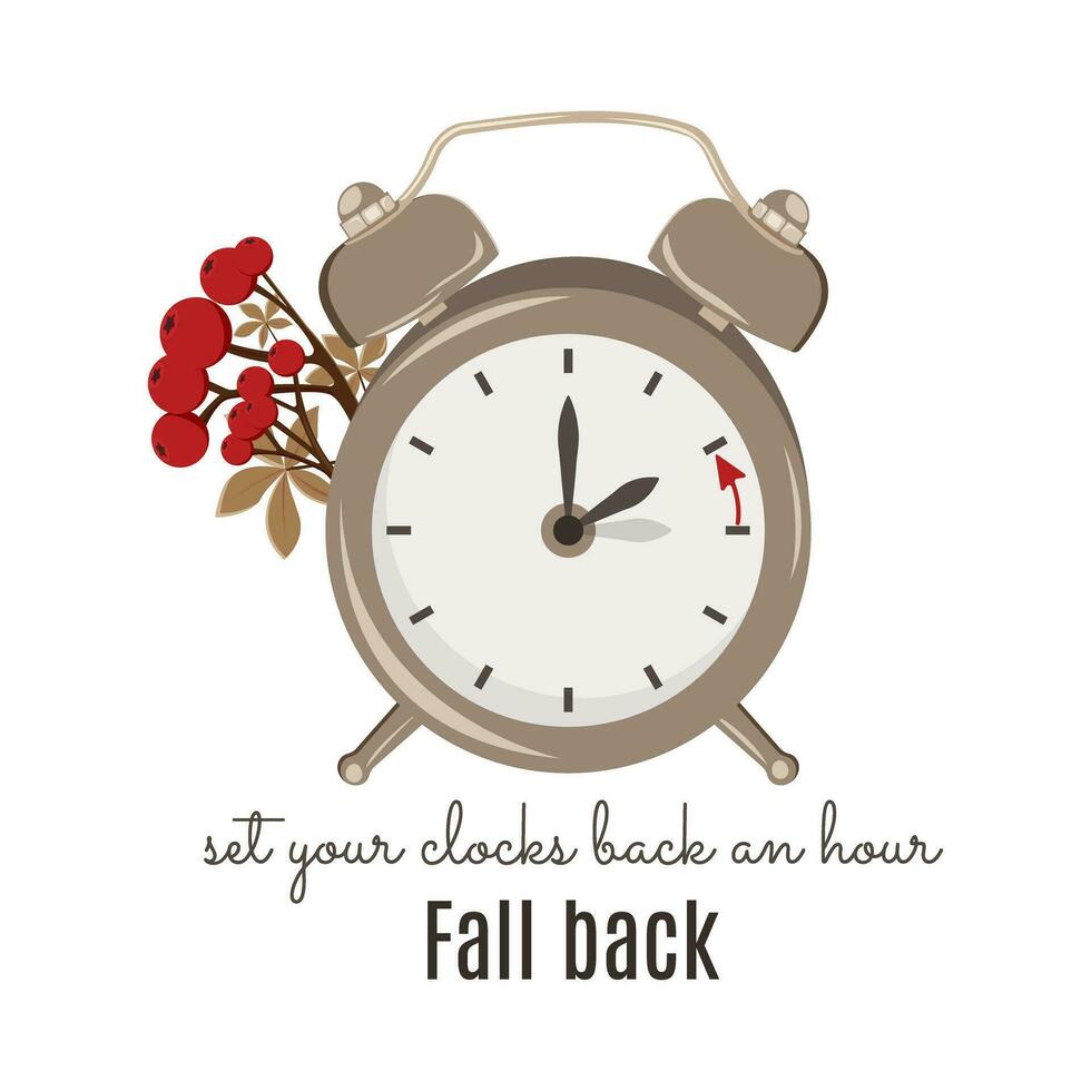 Daylight saving time ends. Fall back change clocks. Vector illustration with a clock turning an hour back. Clocks with autumn leaves and berries.