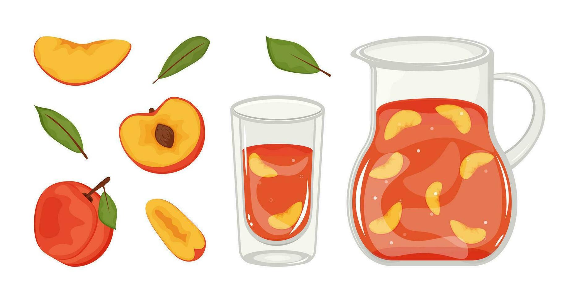 Peach compote of ripe peaches in a decanter. Homemade canned peach compote in glass. Canned fruit. Fruit conservation. Cartoon ctyle. Organic food template. Eco vector