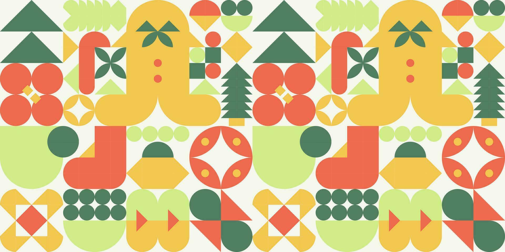 Geometric seamless winter pattern. Christmas trees, sock, gingerbread, decorations, candy cane in scandinavian, bauhaus style. Trendy colored pattern for textiles and wallpapers. New year. vector