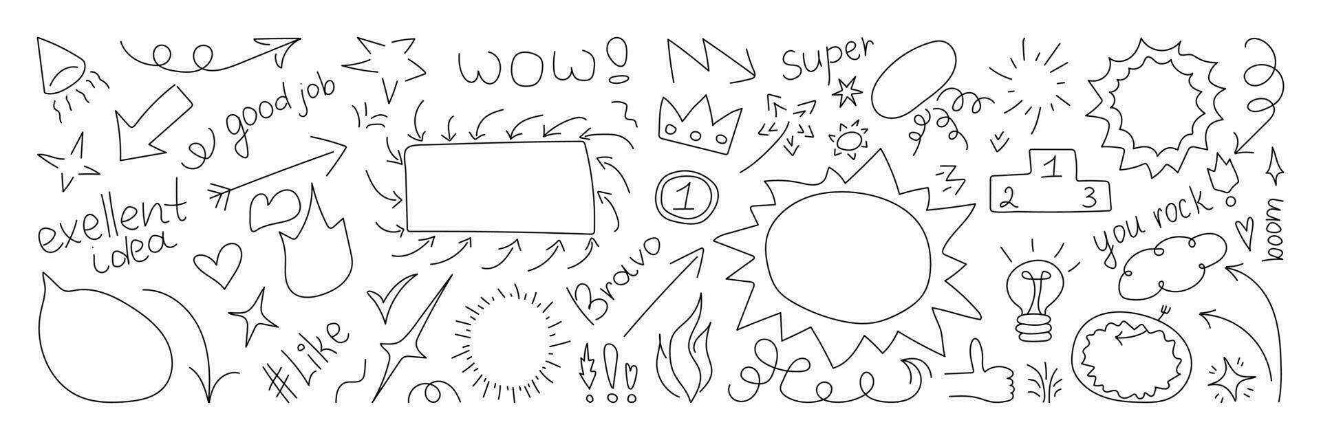 Doodle cute glitter pen line elements. Doodle heart, arrow, star, sparkle decoration symbol set. Simple sketch line style emphasis, attention, effect hand drawn elements. Vector illustration.
