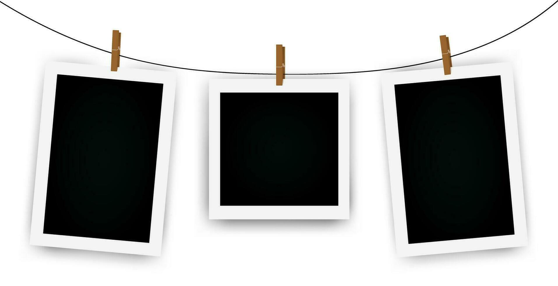 Set of instant photo frame mockups with shadows. Photo album template. Empty image for memory. Blank realistic postcard. Isolated. Vector illustration, flat style.