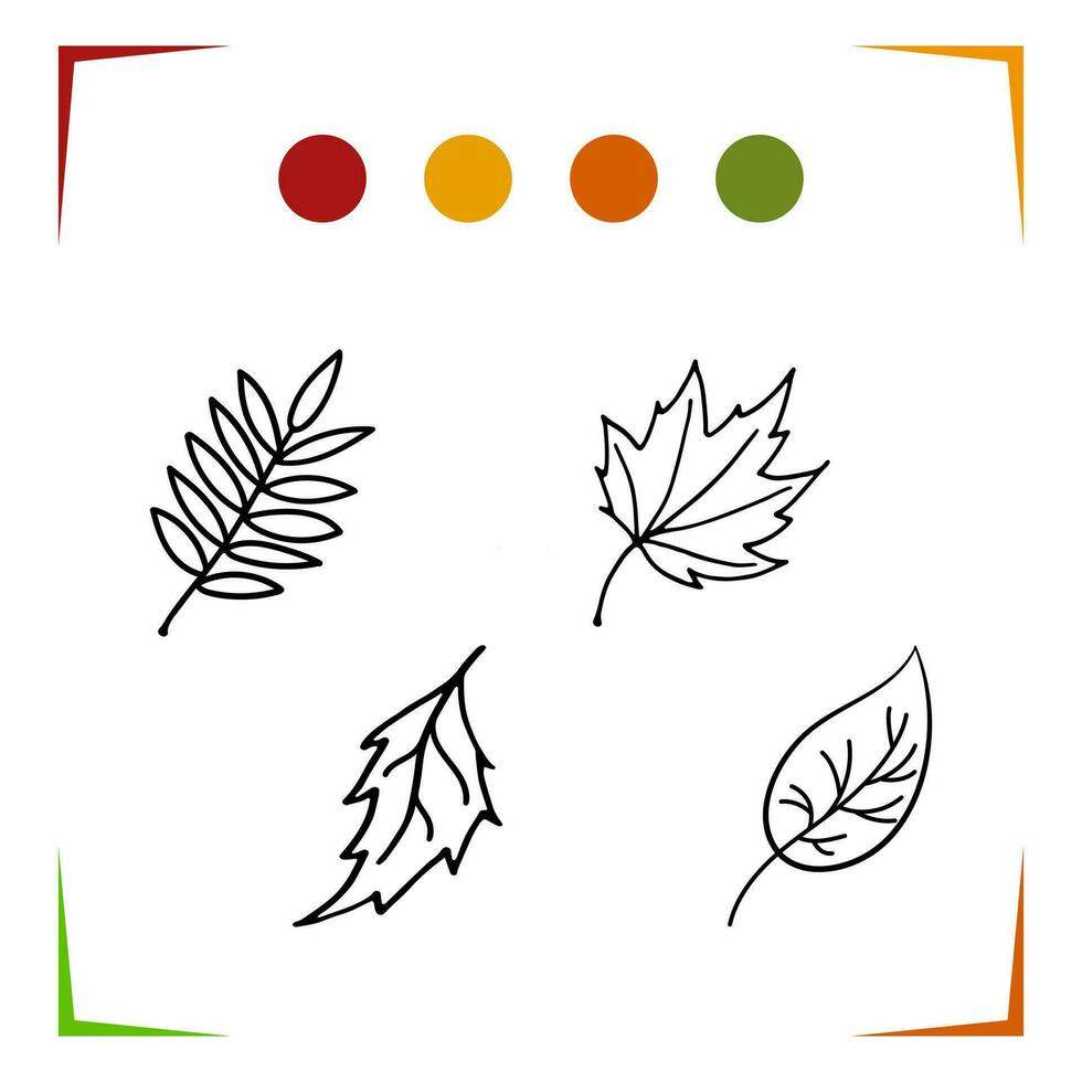 Coloring book for children autumn leaves doodle style. Vector Leaves of aspen, birch, maple, rowan.