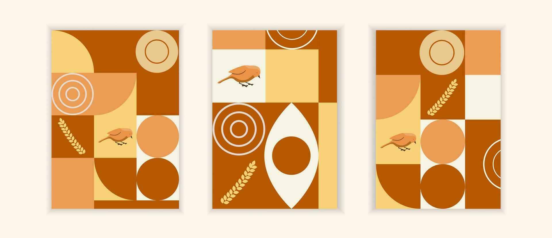 Vector set autumn covers notebook. Graphic Backgrounds with wheat, bird. Brown, beige autumn colors.