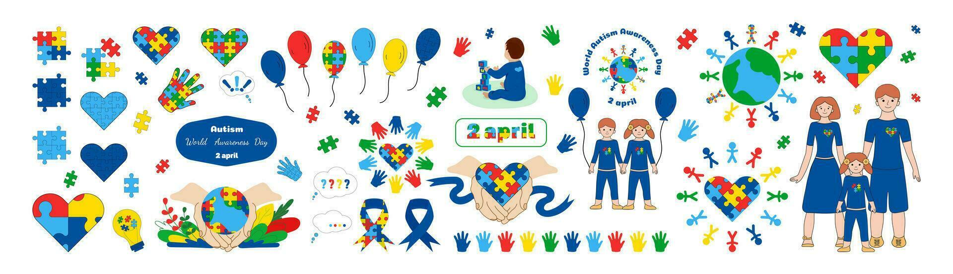 mundo autismo conciencia día. grande conjunto vector ilustración. diseño elementos temas autismo para diseños