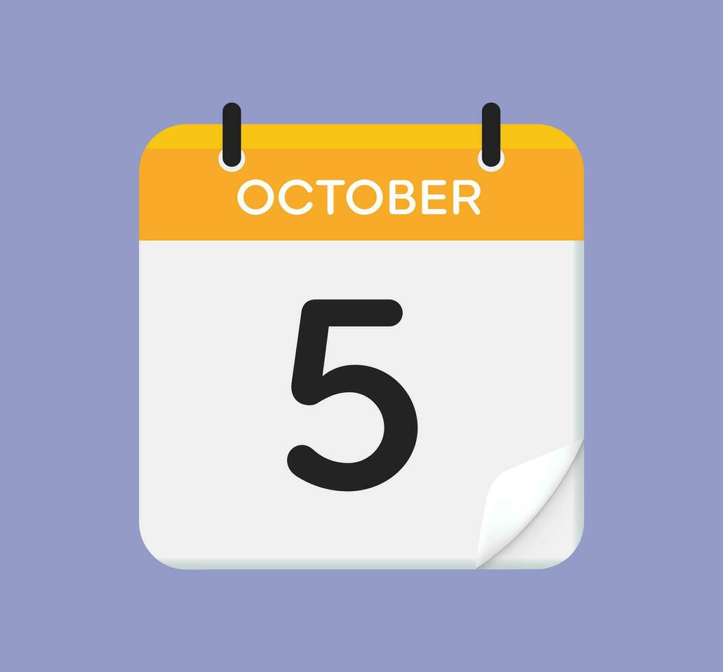 Vector calendar icon. 5 October. Day, month. Flat style.