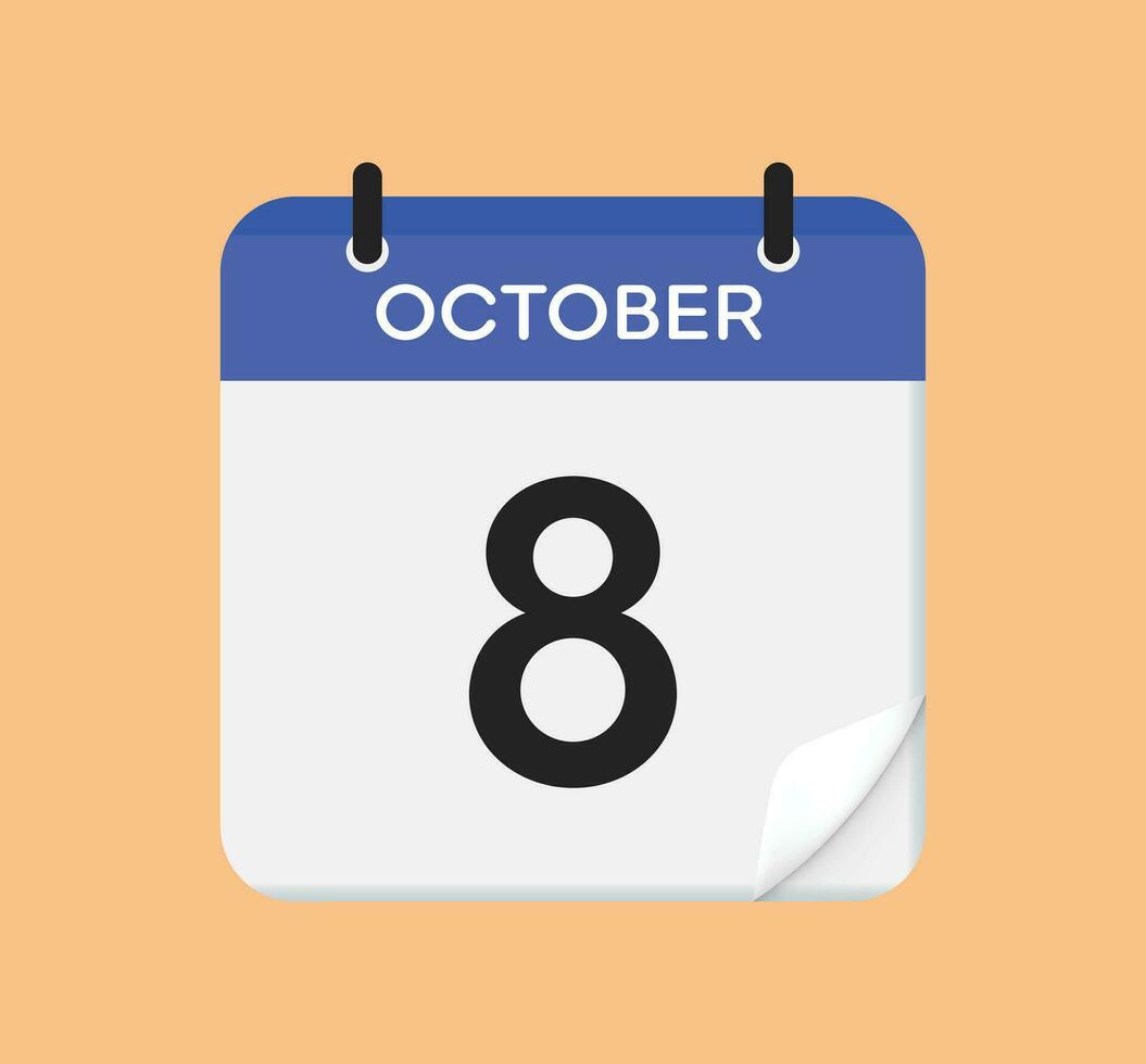 Vector calendar icon. 8 October. Day, month. Flat style.
