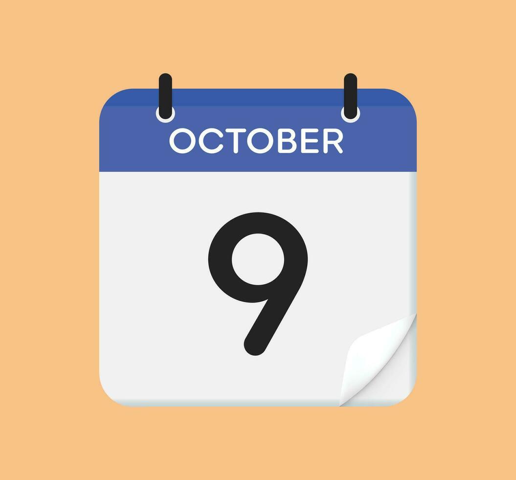 Vector calendar icon. 9 October. Day, month. Flat style.