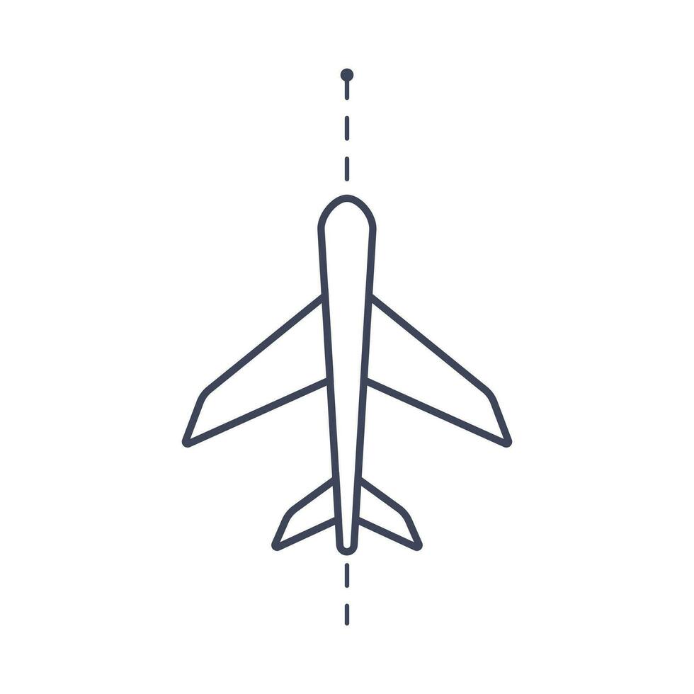 Linear icon of an airplane flying along a route. Vector illustration logo isolate. Tourism and travel, air travel