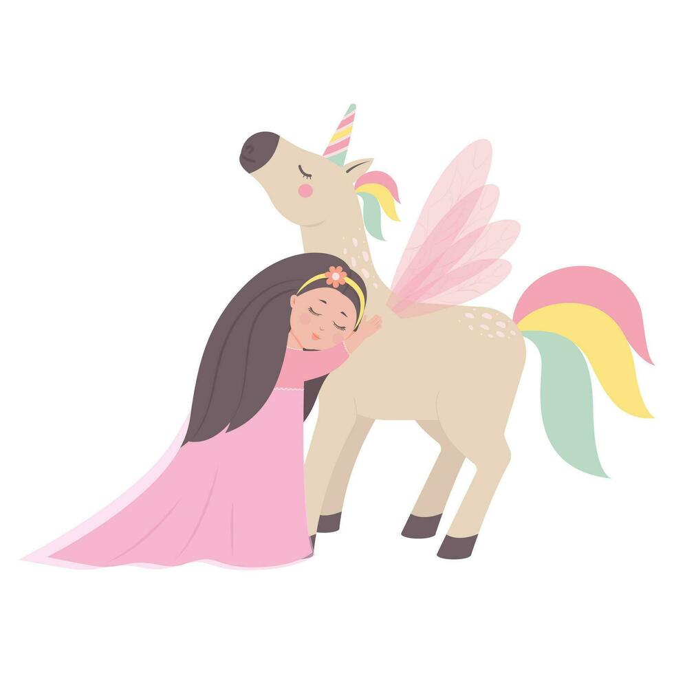 The princess hugs the unicorn cute children's fairy tale characters. Flat cartoon vector illustration