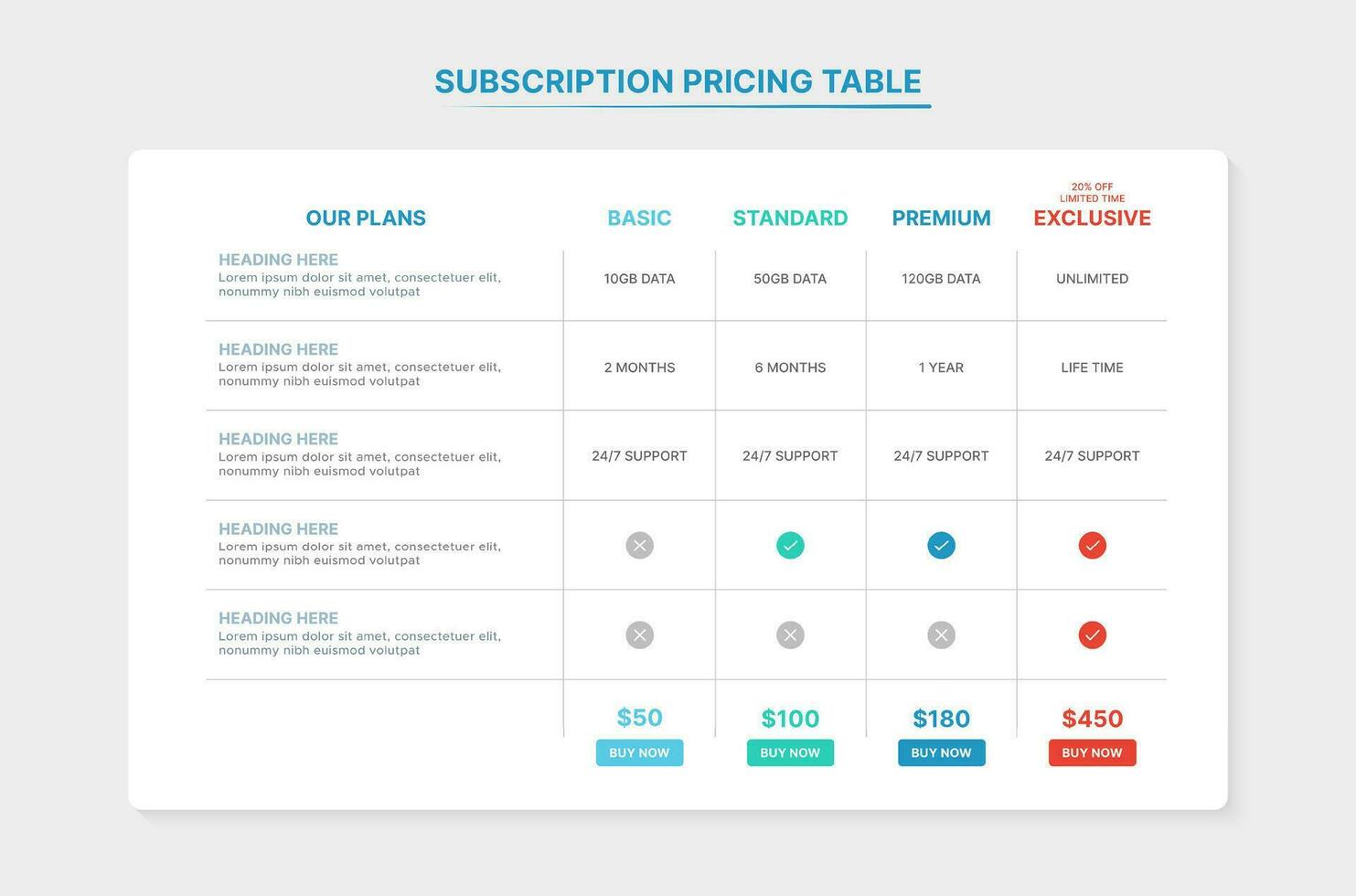 suscripción paquetes comparación fijación de precios mesa infografía modelo con 4 4 planes vector