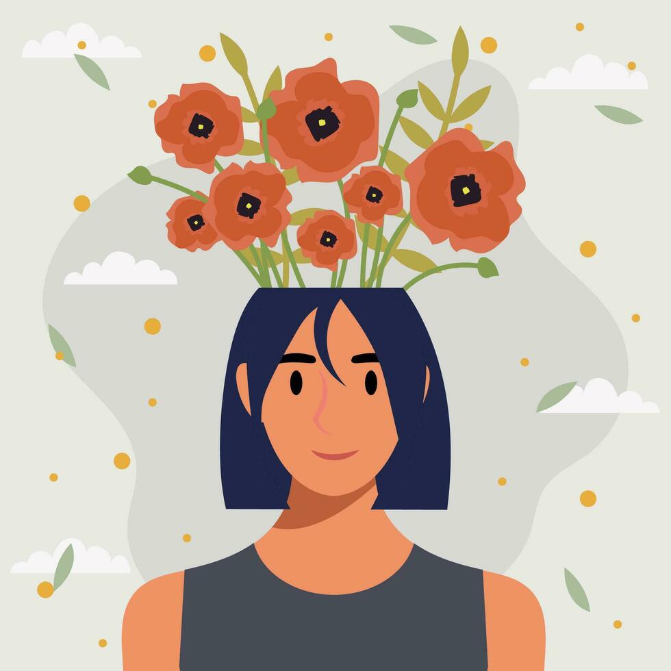 Flat design vector illustration concept of woman with flowers in her head.