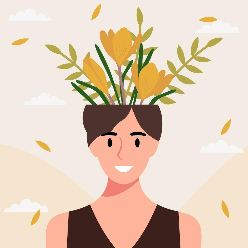 Flat design vector illustration concept of woman with flowers in her head.