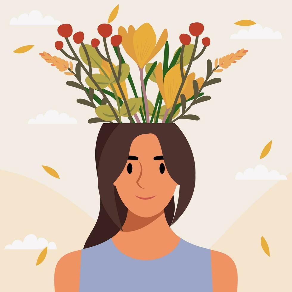 Flat design vector illustration concept of woman with flowers in her head.