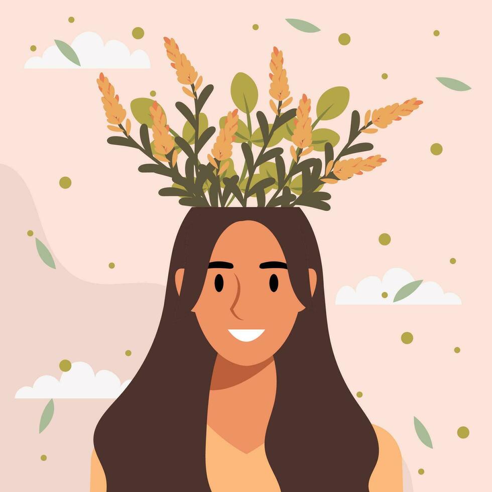 Flat design vector illustration concept of woman with flowers in her head.