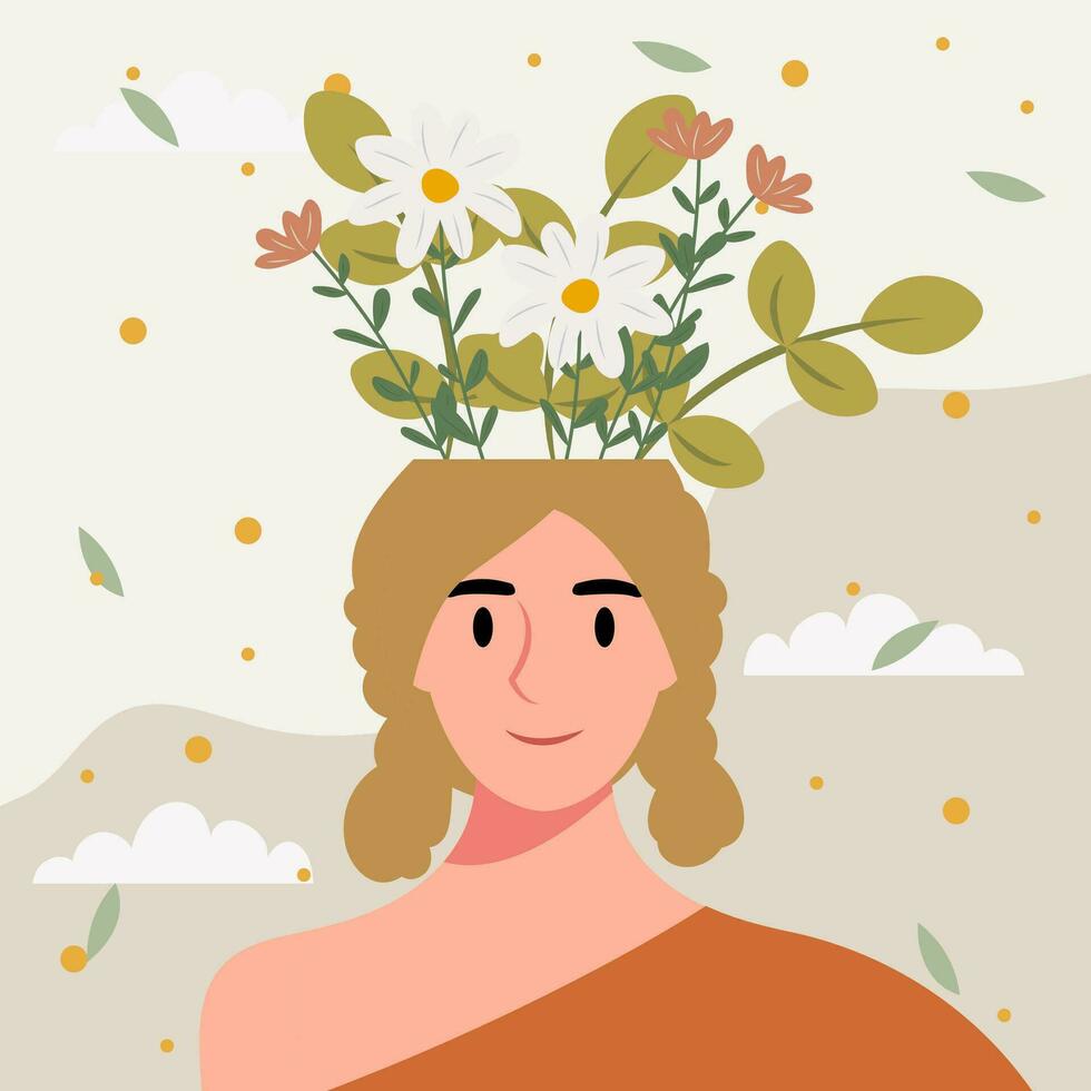 plano diseño vector ilustración concepto de mujer con flores en su cabeza.