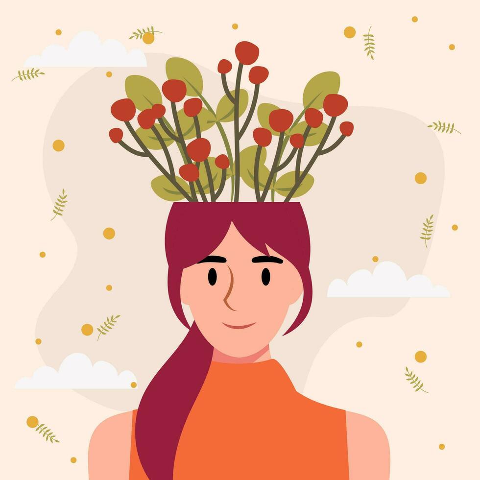 Flat design vector illustration concept of woman with flowers in her head.