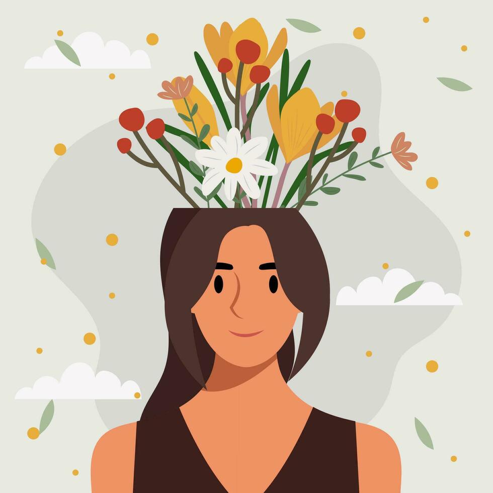 Flat design vector illustration concept of woman with flowers in her head.