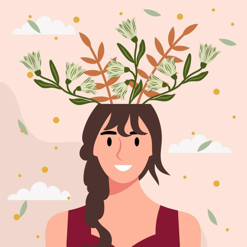 Flat design vector illustration concept of woman with flowers in her head.