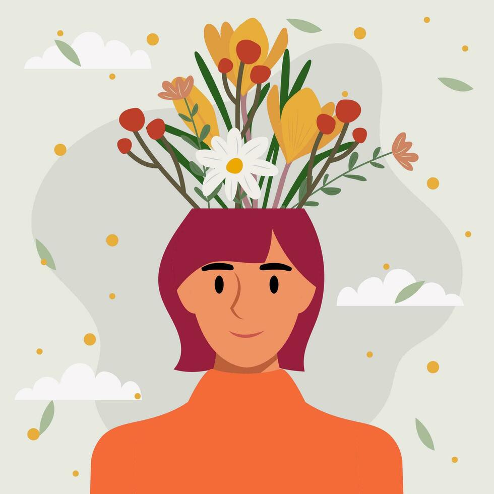 Flat design vector illustration concept of woman with flowers in her head.