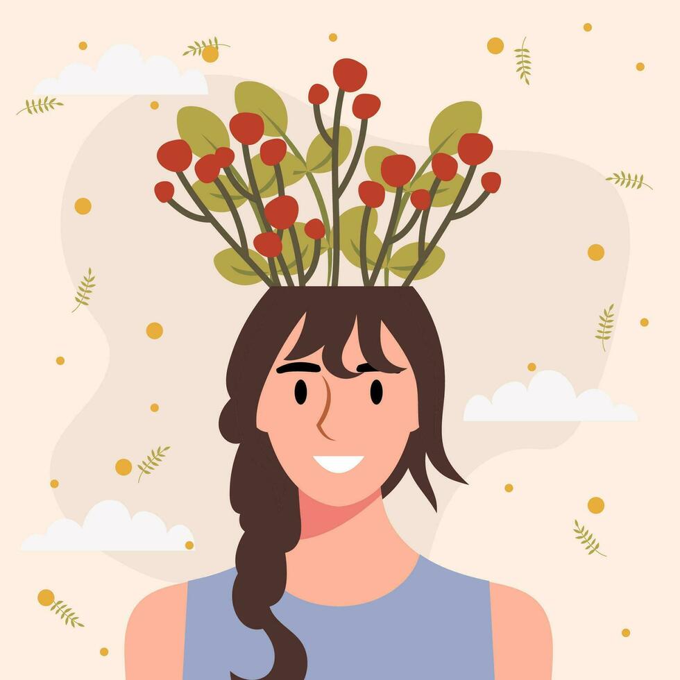 Flat design vector illustration concept of woman with flowers in her head.