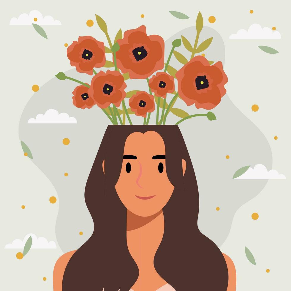 Flat design vector illustration concept of woman with flowers in her head.