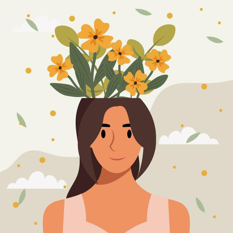 Flat design vector illustration concept of woman with flowers in her head.