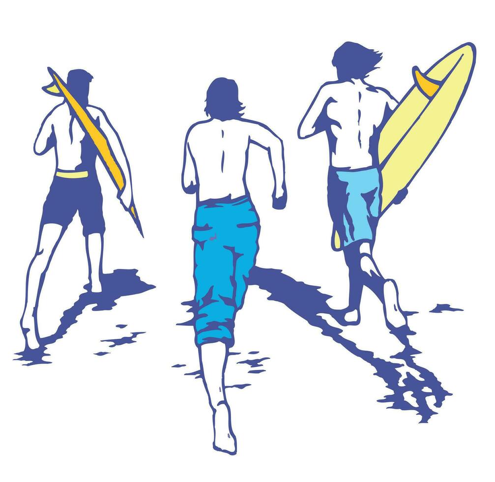 Colorful vector illustration stripped of imaginary characters in cartoon style of surfers running on the beach towards the waves.