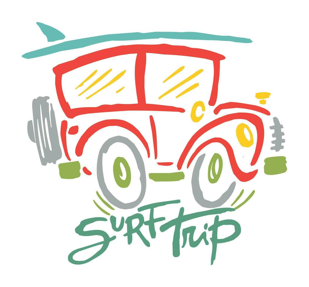 Vector illustration of stylized surfer car. Art in a laid-back style, with simple strokes.