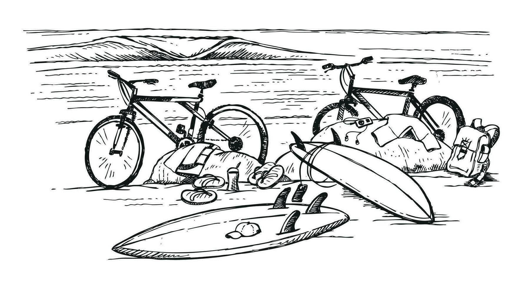 Vector illustration in sketch style, stripped, of imaginary beach scene with bicycles, surfboards and clothing elements. Drawing in cartoon style.