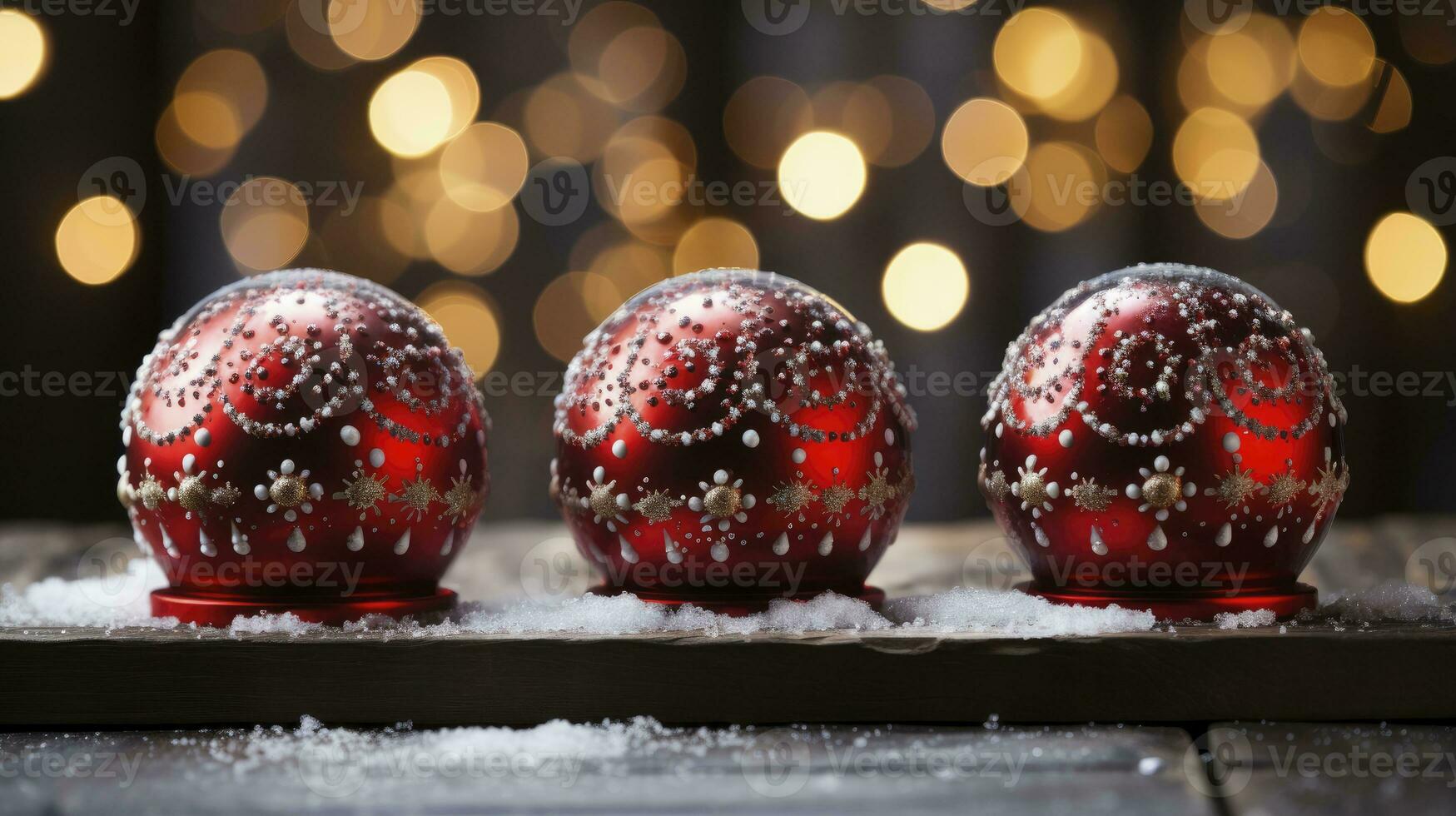 rojo adornos decorado y copos de nieve en nevando antecedentes foto