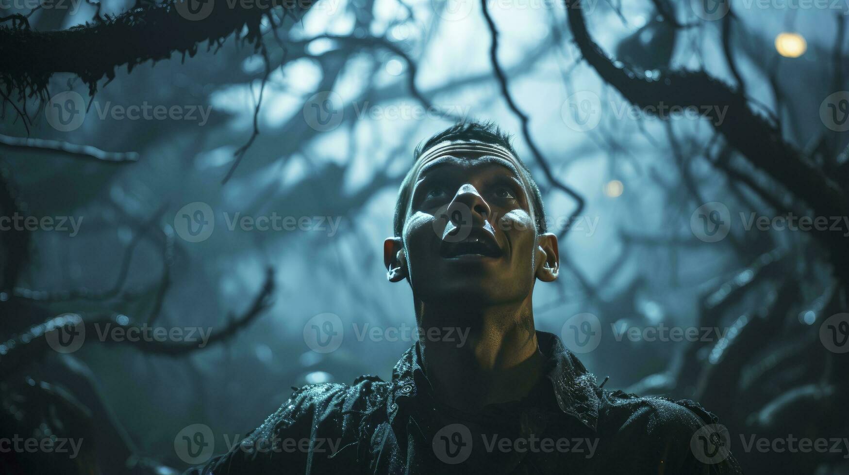 zombi creciente fuera de un cementerio cementerio en escalofriante de miedo oscuro noche lleno Luna murciélagos en árbol foto