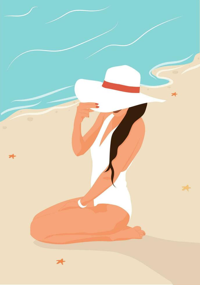 girl in a hat on the beach. Girl on the beach. The girl at the sea. A woman in a swimsuit. Summer vector illustration