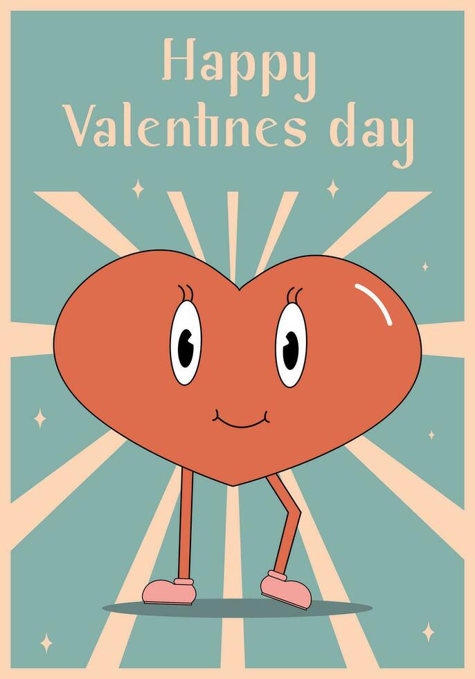 Retro groovy lovely hearts posters. Love concept. Happy Valentines day greeting card in trendy retro 60s 70s cartoon style. Vector illustration in pink red colors.