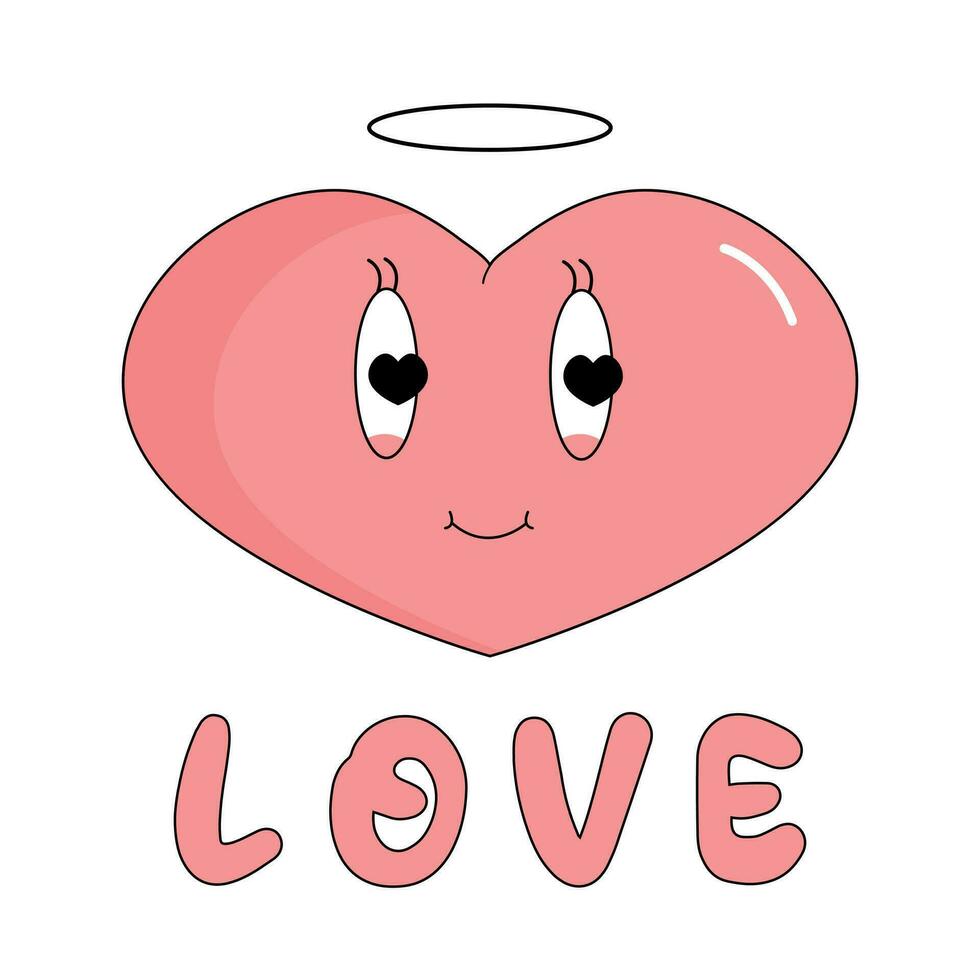 retro maravilloso encantador corazones pegatinas en de moda retro 60s 70s dibujos animados estilo. amor concepto. contento San Valentín día. vector ilustración en rosado rojo colores.