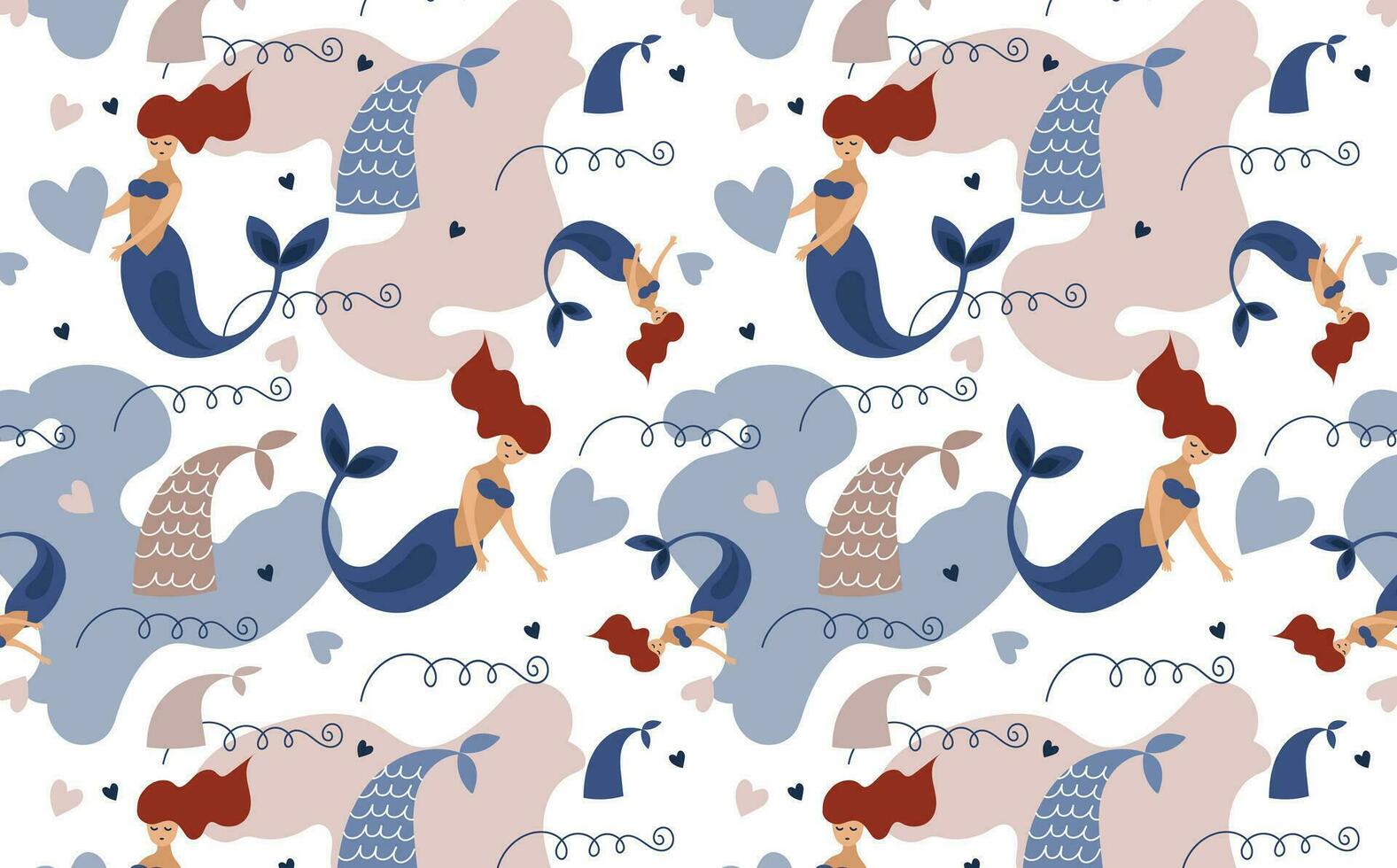 Seamless pattern with cute mermaids and sea wave. Vector flat  kids texture for fabric, wrapping, textile, wallpaper.