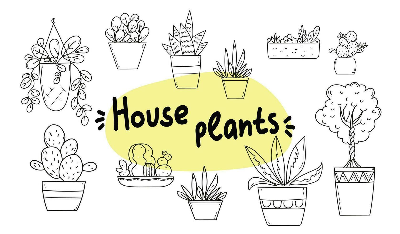Home plants in a pot black and white contour doodle drawing set vector