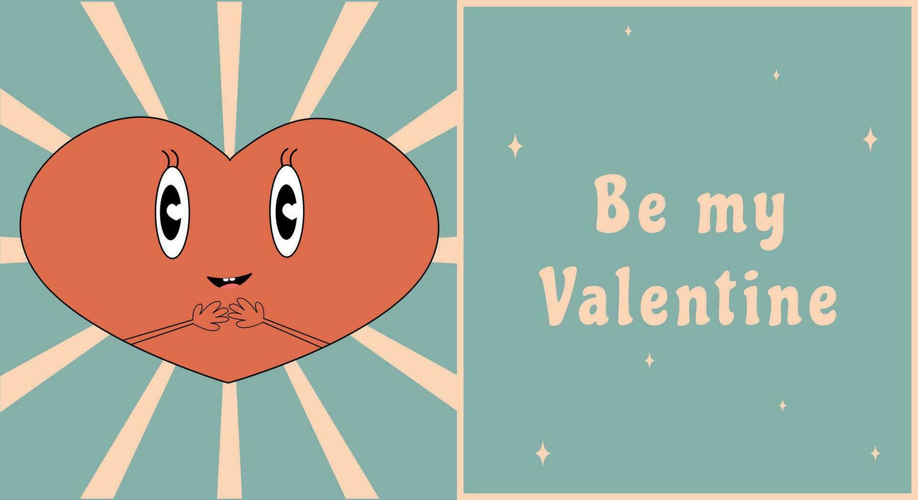 Retro groovy lovely hearts posters. Love concept. Happy Valentines day greeting card in trendy retro 60s 70s cartoon style. Vector illustration in pink red colors.