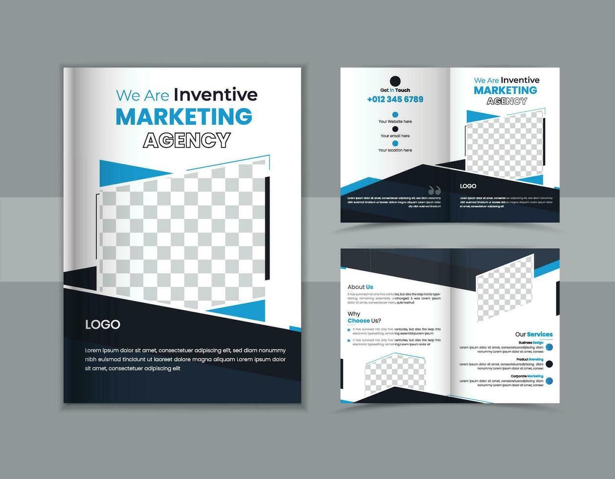 Professional and abstract corporate bifold brochure design template for inventive marketing agency, abstract A4 size annual report or magazine cover theme for corporate, Design for Business vector