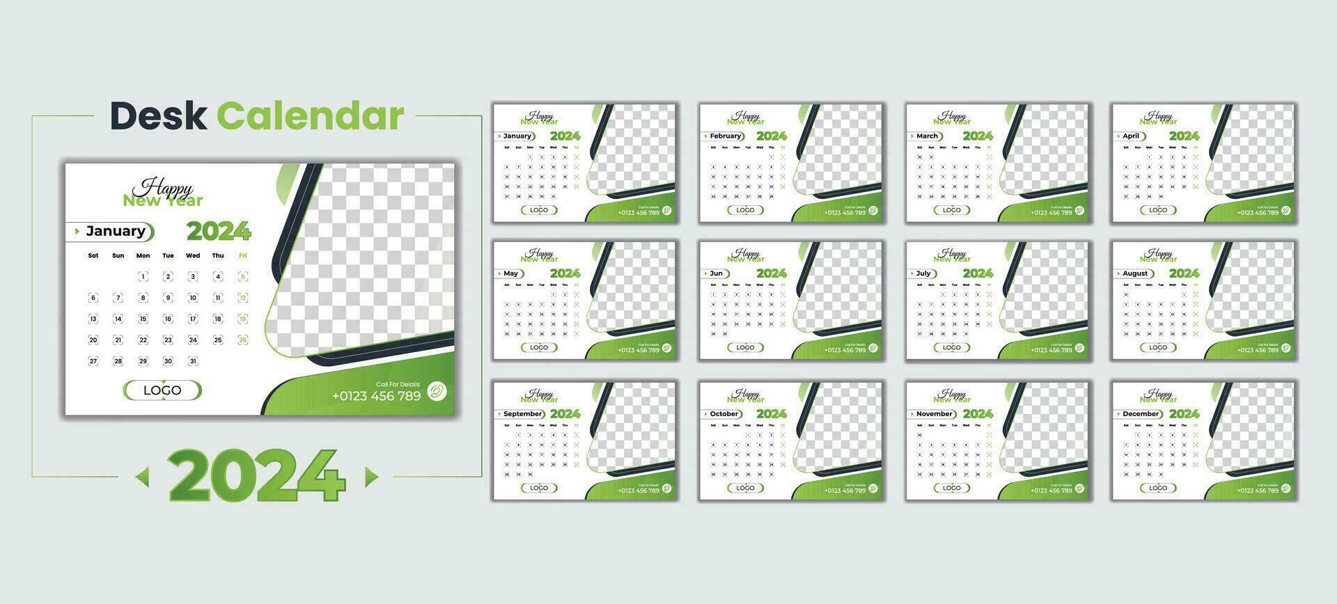Professional and minimal Desk calendar design template for 2024, week start on Saturday. vector