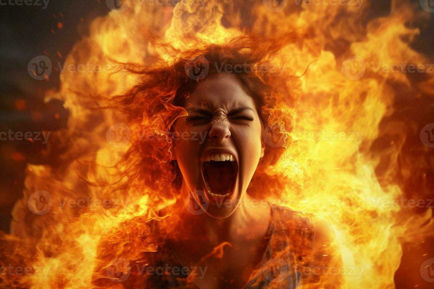 Black woman horror scarey dark devil fire person fantasy face cruel fireball halloween evil photo