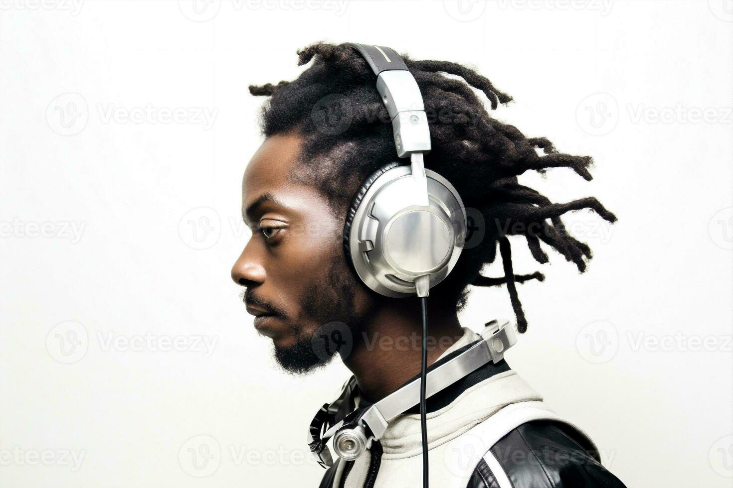 headphones music adult young guy african black men lifestyle portrait dj. Generative AI. photo