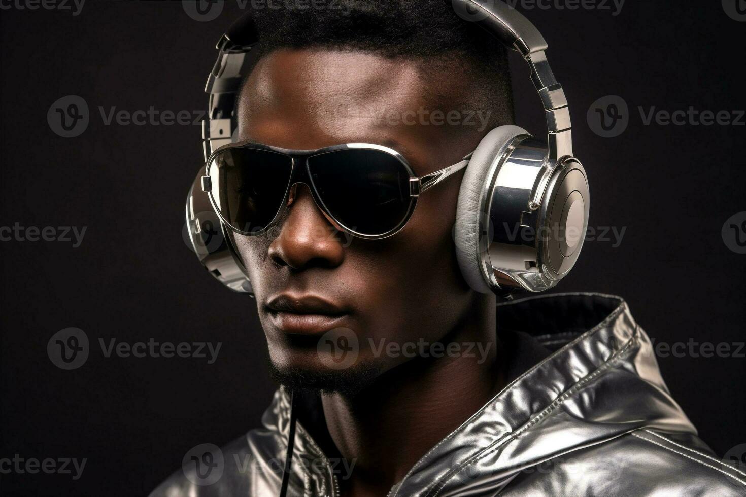 Moda chico música joven Gafas de sol uno retrato hombres negro auriculares estilo de vida. generativo ai. foto