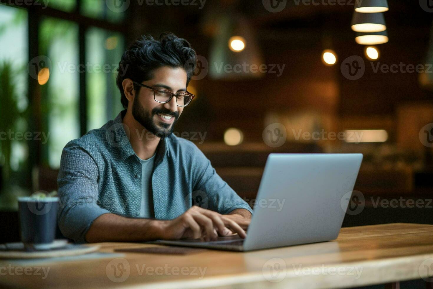 Person cheerful men happy one office businessman males success technology sitting laptop smile manager indian photo