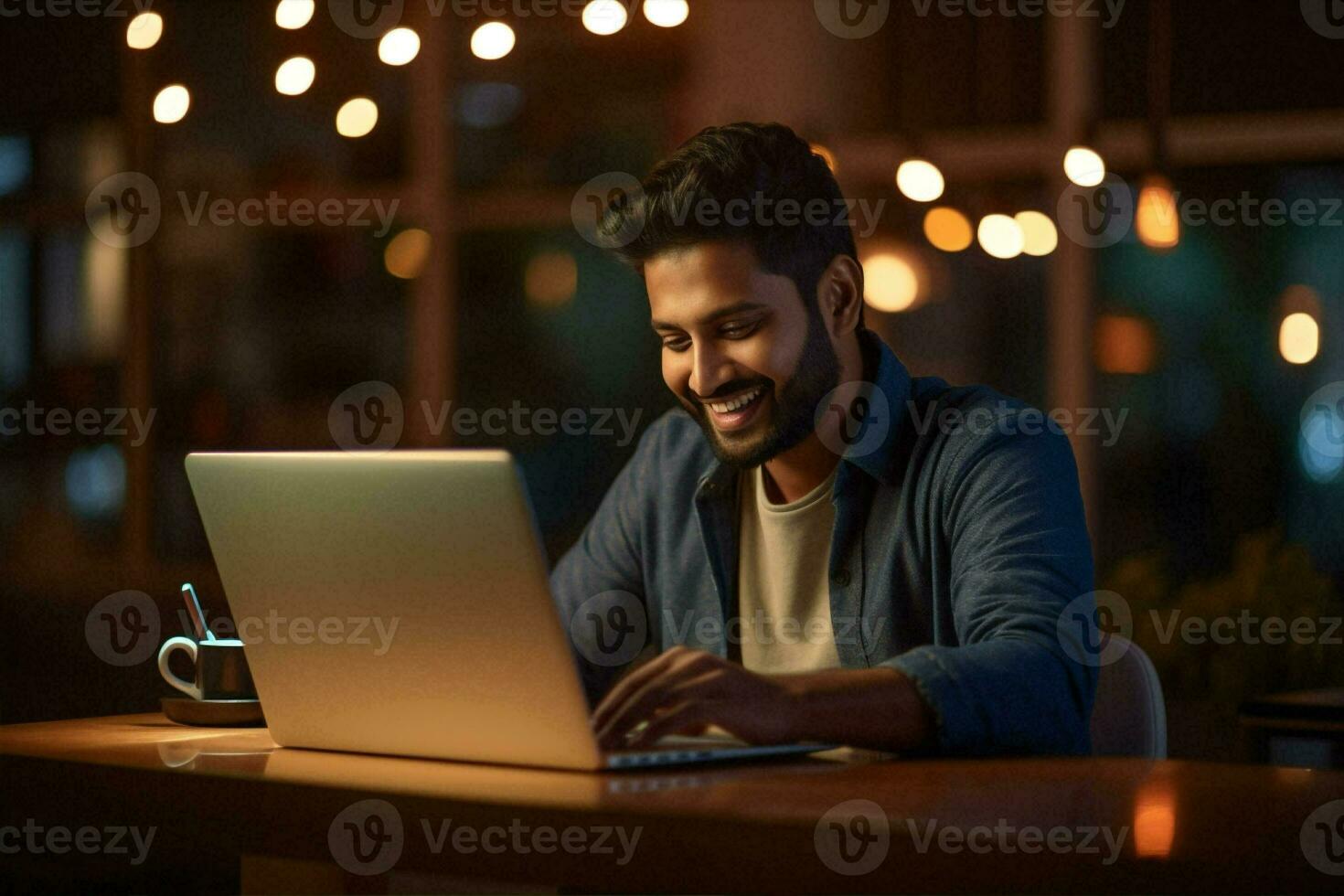 Males smile success office desk typing sitting indian technology happy one men laptop businessman photo