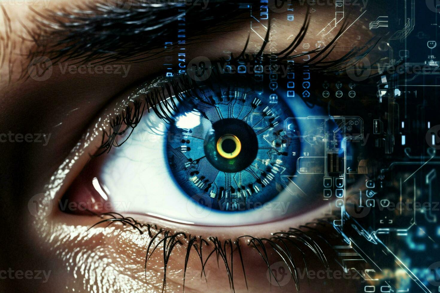 Woman digital software science concept human caucasian vision abstract futuristic system technology eye green photo