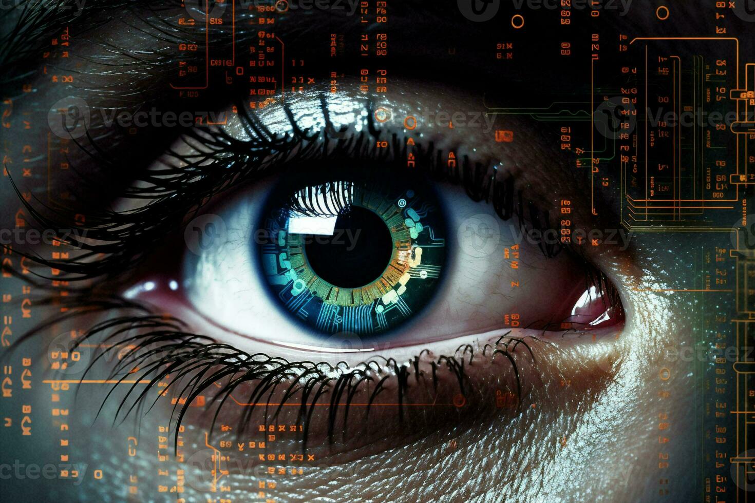 Woman concept human iris futuristic science access binary digital identity eye caucasian technology vision system photo