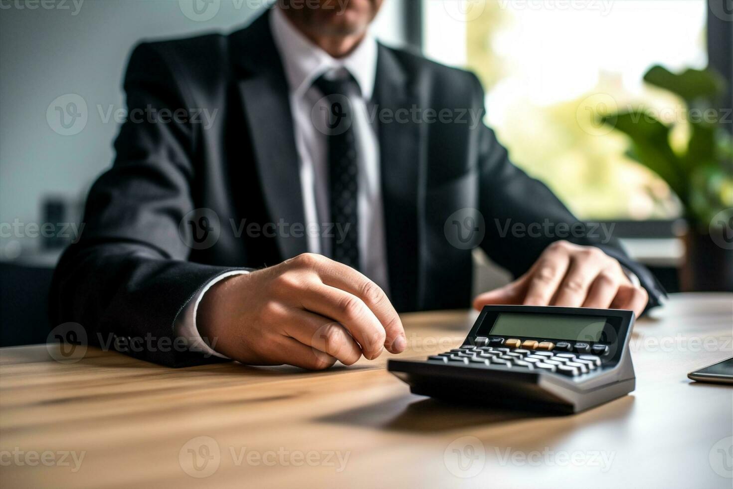 businessman man caucasian office computer pen writing manager business calculator sitting. Generative AI. photo