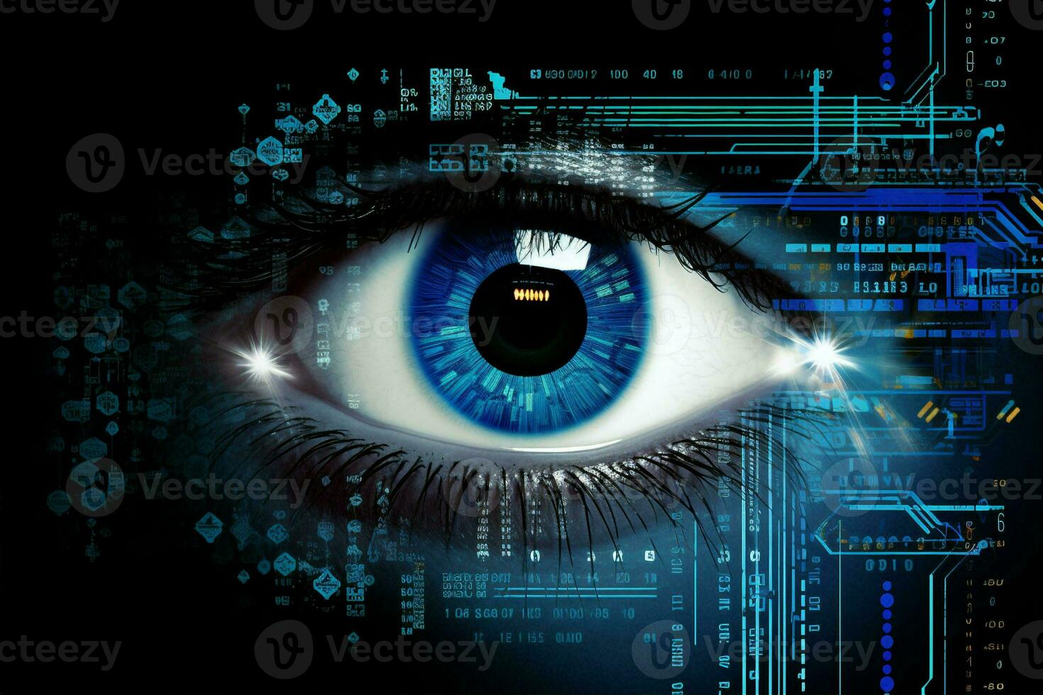 mujer futurista digital concepto identificación tecnología Ciencias vista Mira resumen sensor humano código ojo sistema visión foto